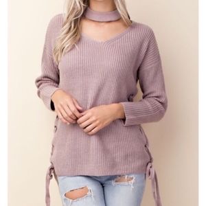 Flirty Dusty Pink Knit Medium Weight Lace Up Sides Choker Sweater Siz Small NWT